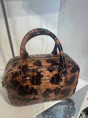 Brahmin Croc-Embossed Patent Satchel in Brown and Black